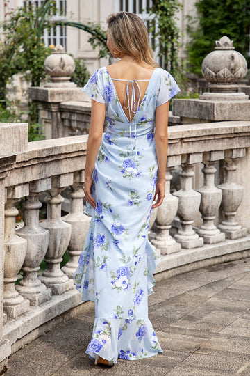 Blå blomster A Line Ruffles Asymmetrisk bryllupsfest Gjestekjole med Slit